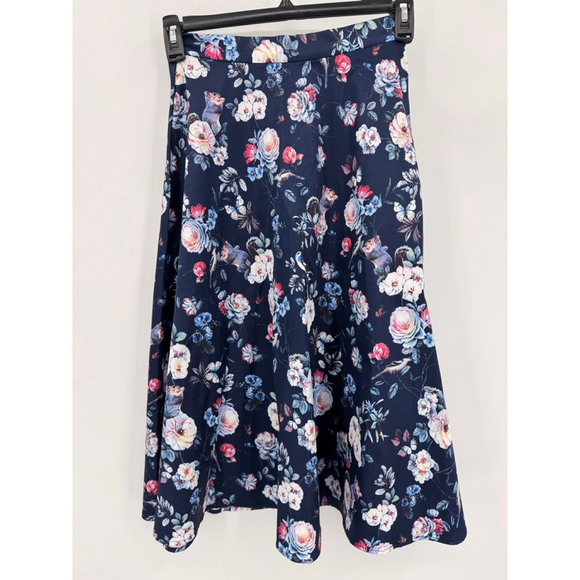Moon Collection Dresses & Skirts - Navy Blue Satin A Line Skirt Flowers Squirrels Birds Butterflies Novelty Small